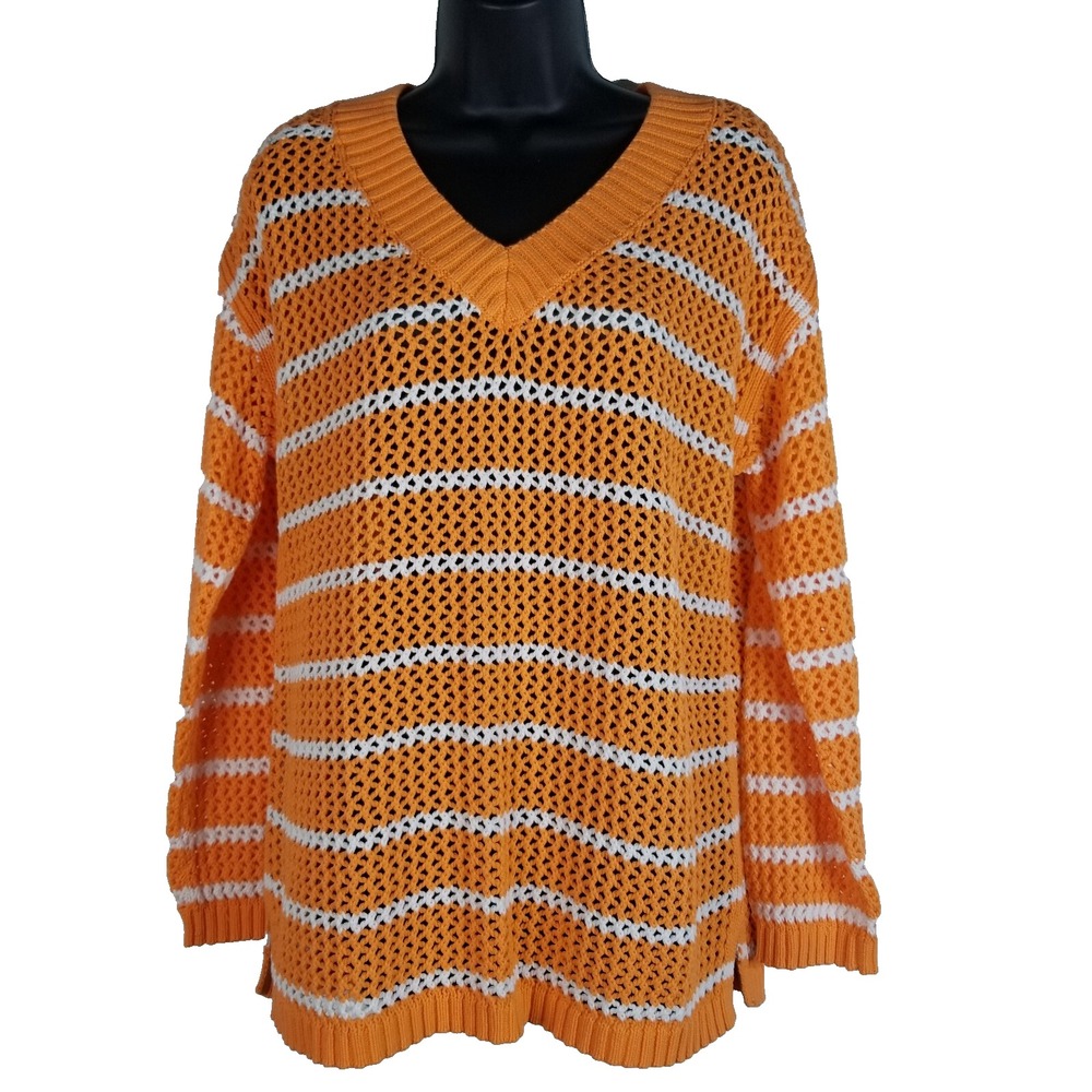 TALBOTS‎ Cocktail Pullover Summer Sweater Orange White Stripe 100% Cotton Lg